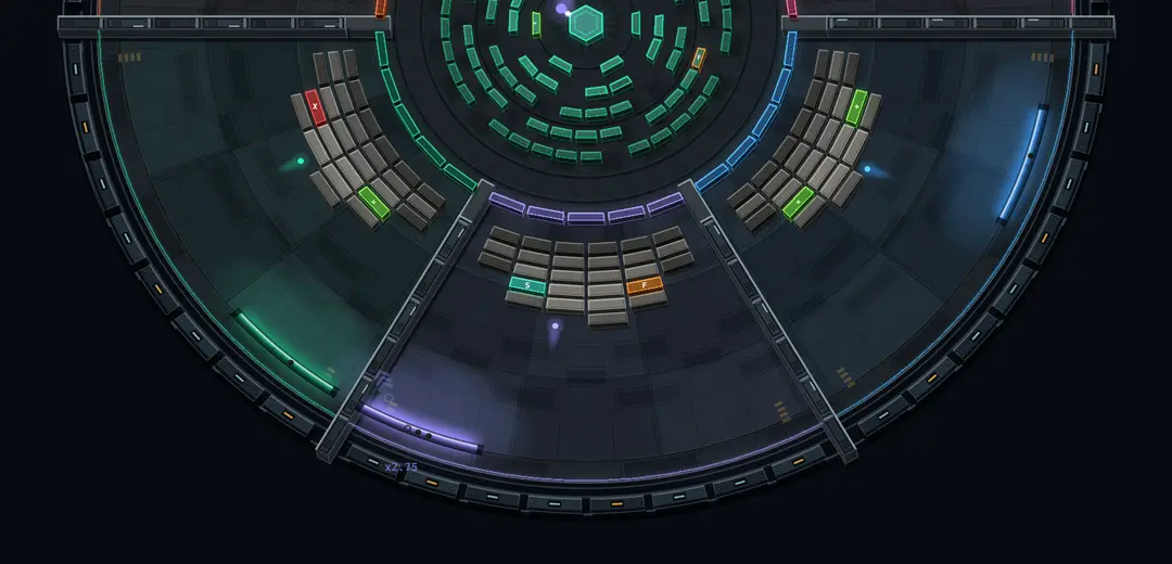 The whole ring from above: six courts around the shared middle, every seat's paddle lit in its own colour