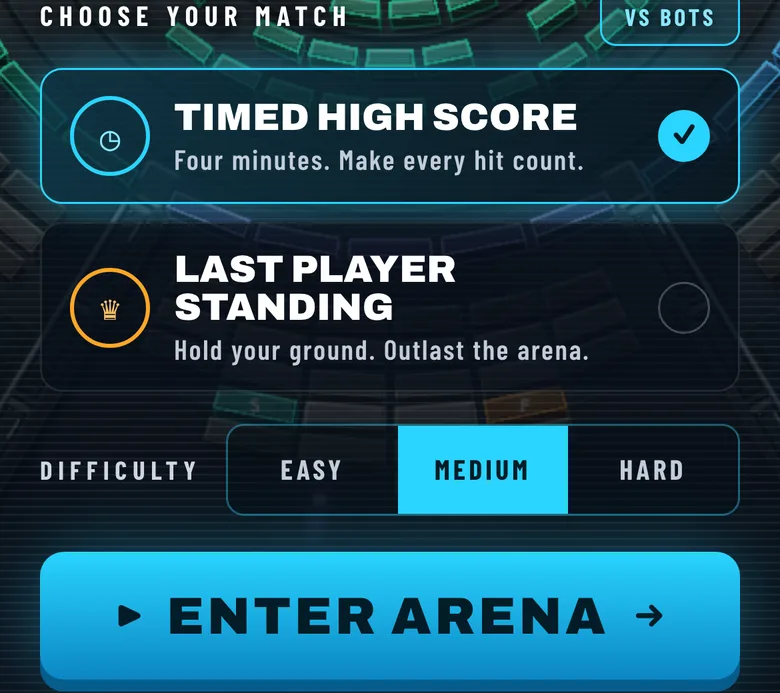 The home screen's match picker: Timed High Score or Last Player Standing, Easy / Medium / Hard, then Enter Arena