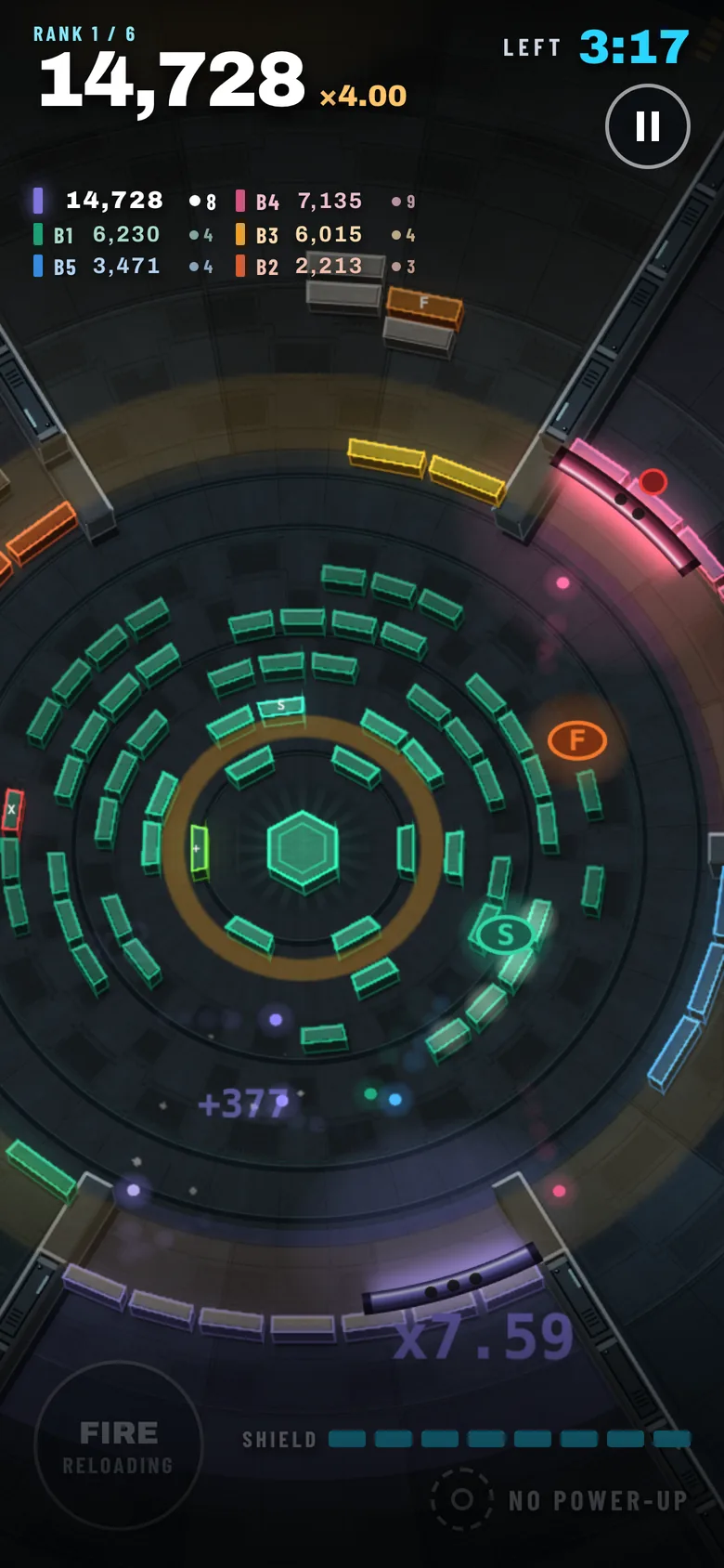 Mid-match on a phone: your paddle forward on the ring in first place, 14,728 points, 3:17 on the clock and the shield bar under the paddle