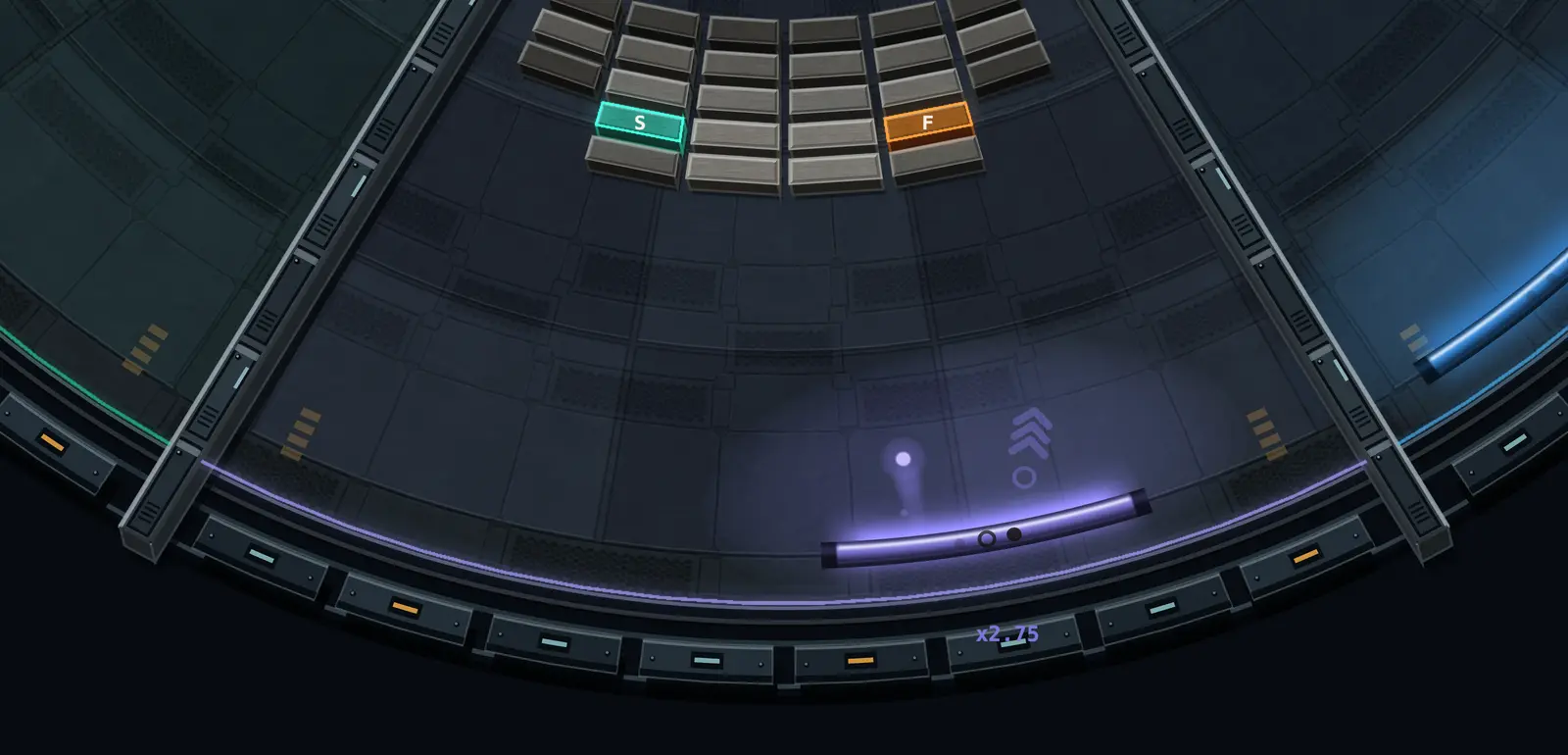Your court seen from above: the paddle on its rail under two rows of bricks, two of them holding power-ups